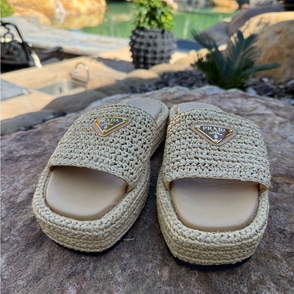 Prada Shoes - Genuine raffia crotchet PRADA summer Beige Woven Slides slippers